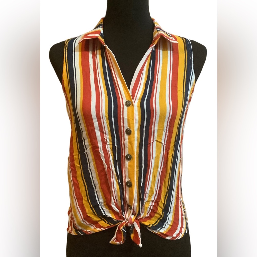 Striped Sleeveless Button-Up Top